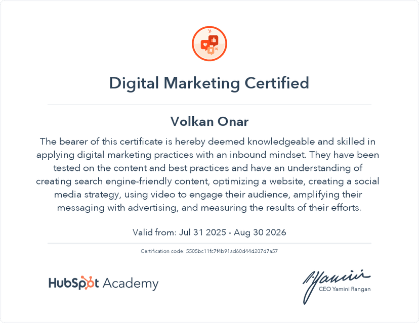 Hubspot Dijital Pazarlama Sertifikasi Sertifikası