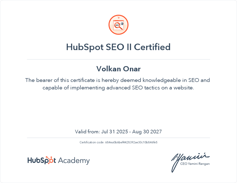 Hubspot Seo Sertifikasi Sertifikası