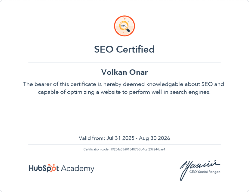 Hubspot Seo Sertifikasi Sertifikası